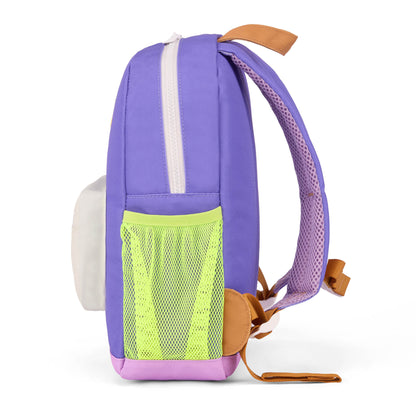 Purple kids backpack yellow mesh pocket Hello Hossy