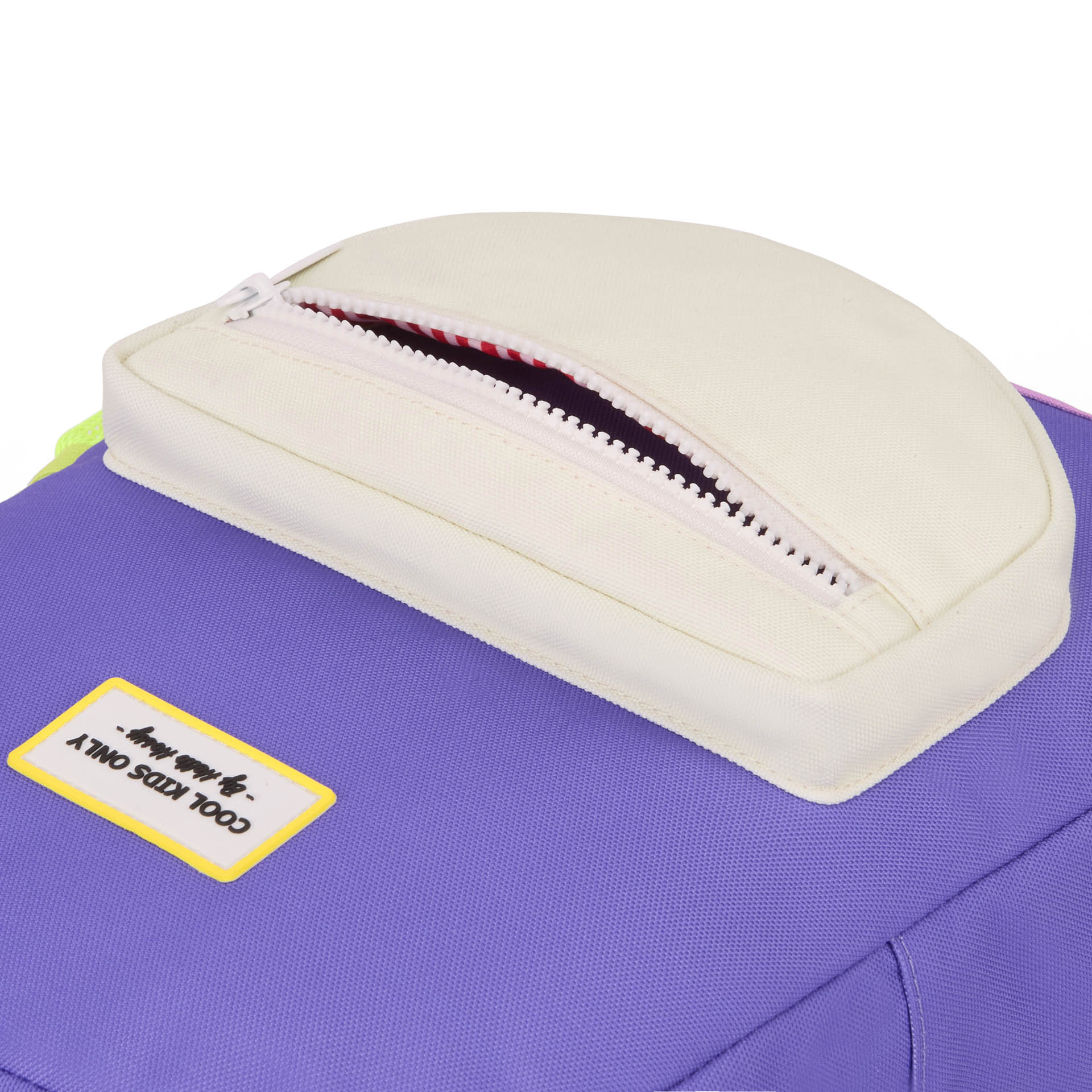 Purple kids backpack cream felt pocket detail Hello Hossy