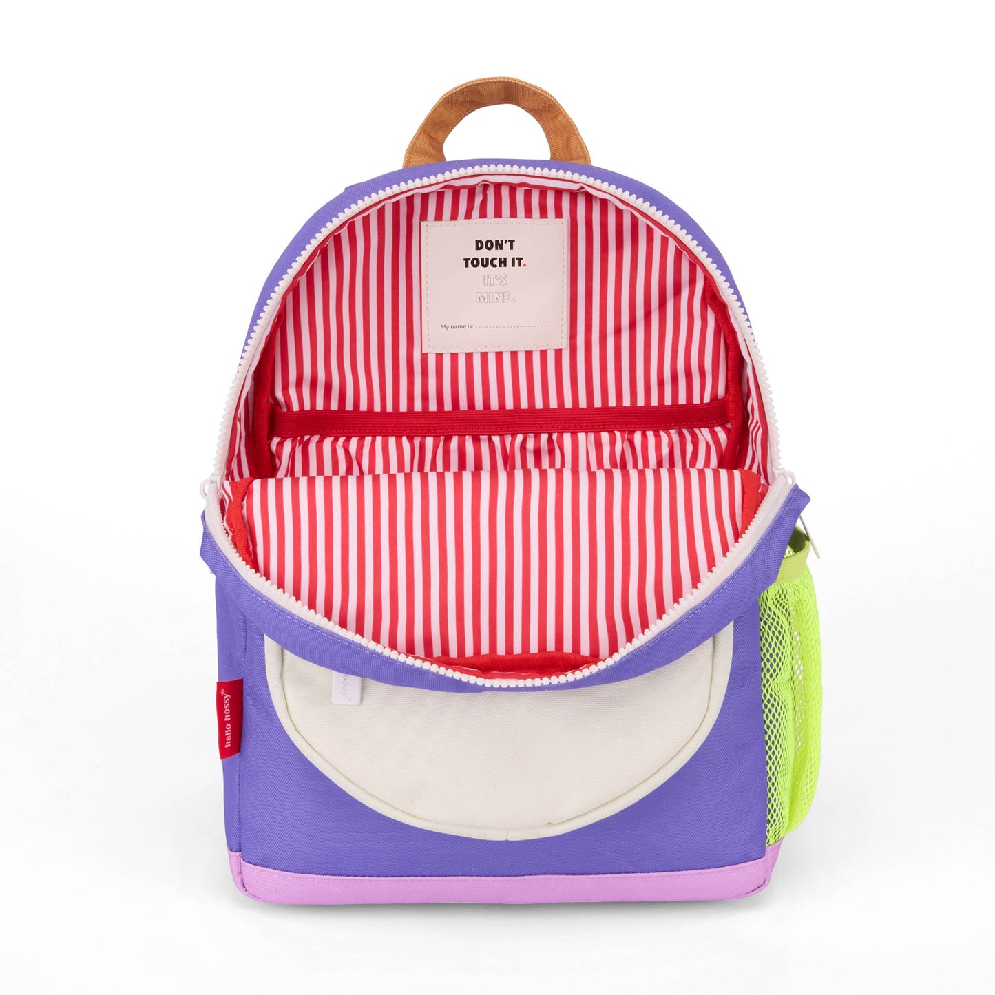Purple kids backpack red white striped interior Hello Hossy