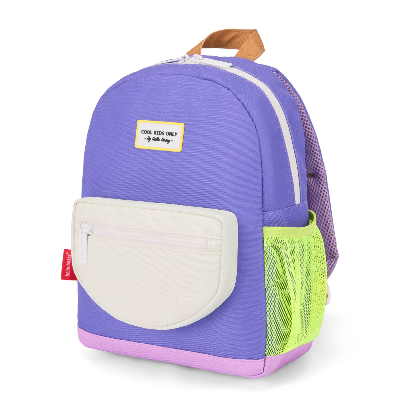 Purple kids backpack cream pocket green detail Hello Hossy