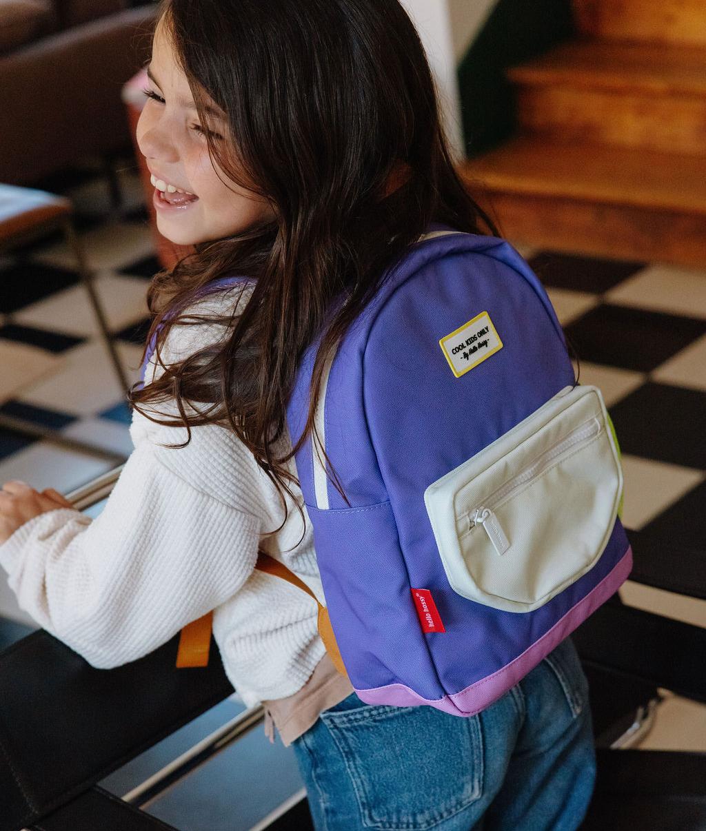 Purple children's backpack with white front pocket Hello Hossy