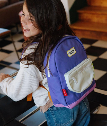 Purple children's backpack with white front pocket Hello Hossy