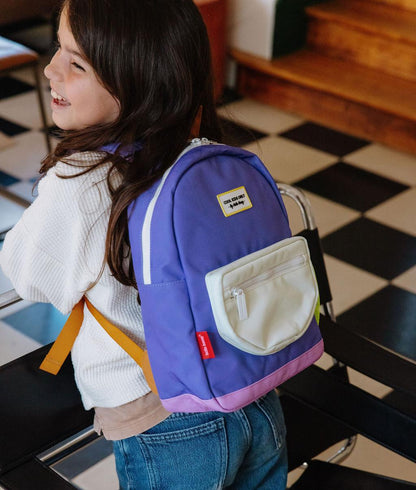 Children's purple backpack with cream front pocket Hello Hossy