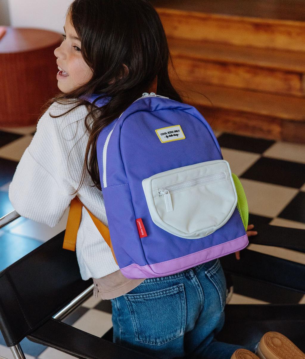 Purple children's backpack with white pocket Hello Hossy
