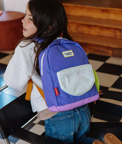 Purple children's backpack with white pocket Hello Hossy