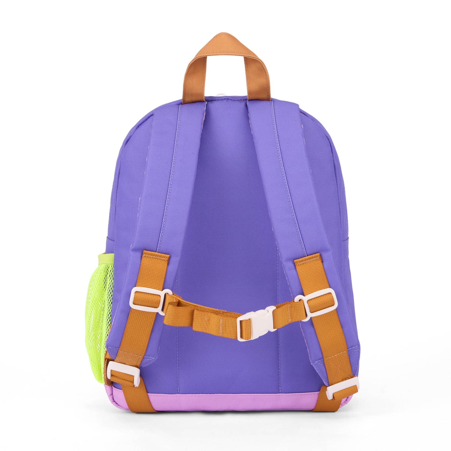Purple children's backpack with green mesh pocket and brown straps Hello Hossy
