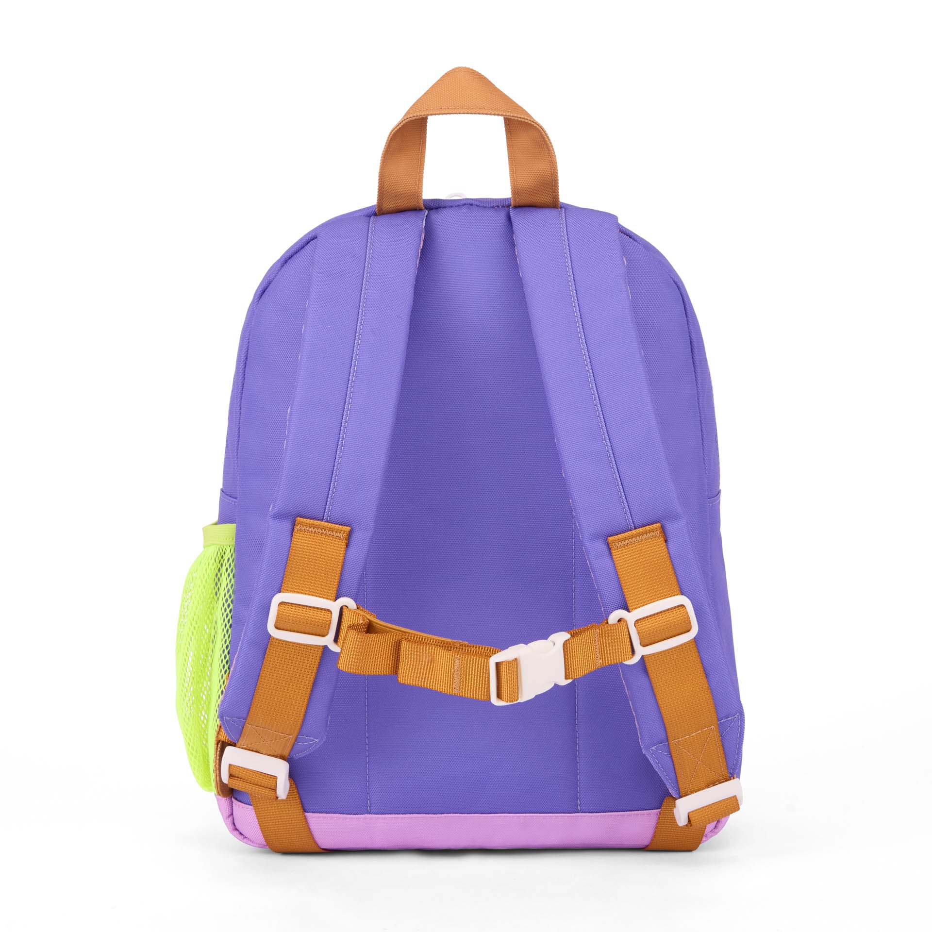 Purple children's backpack with green mesh pocket and brown straps Hello Hossy