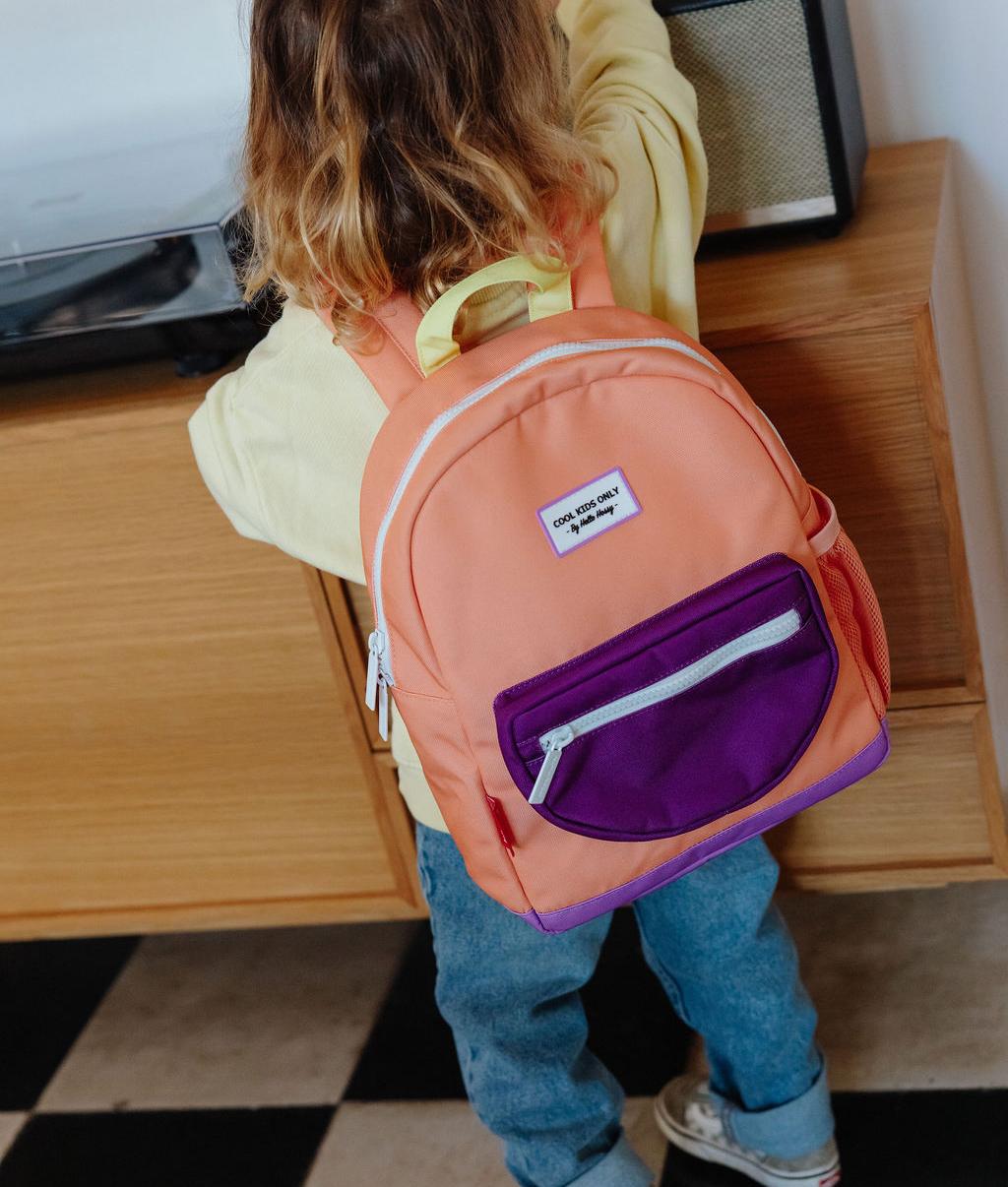 Sac à dos enfant orange poche violette Hello Hossy