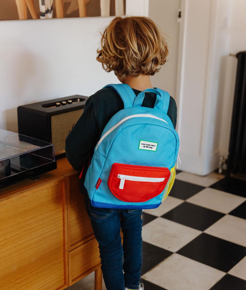 Blue kids' Backpack with red pocket and yellow detail Hello Hossy