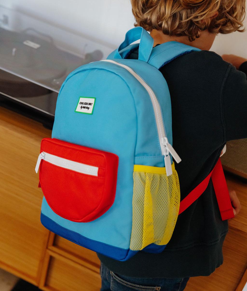 Children's blue backpack red yellow mesh pocket Hello Hossy