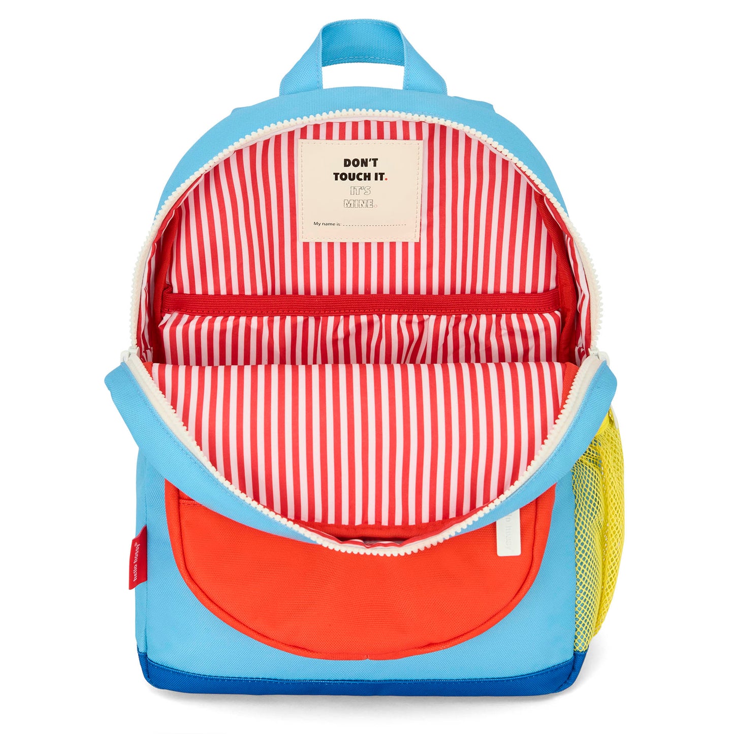 Blue kids' Backpack with orange pocket and red striped interior Hello Hossy