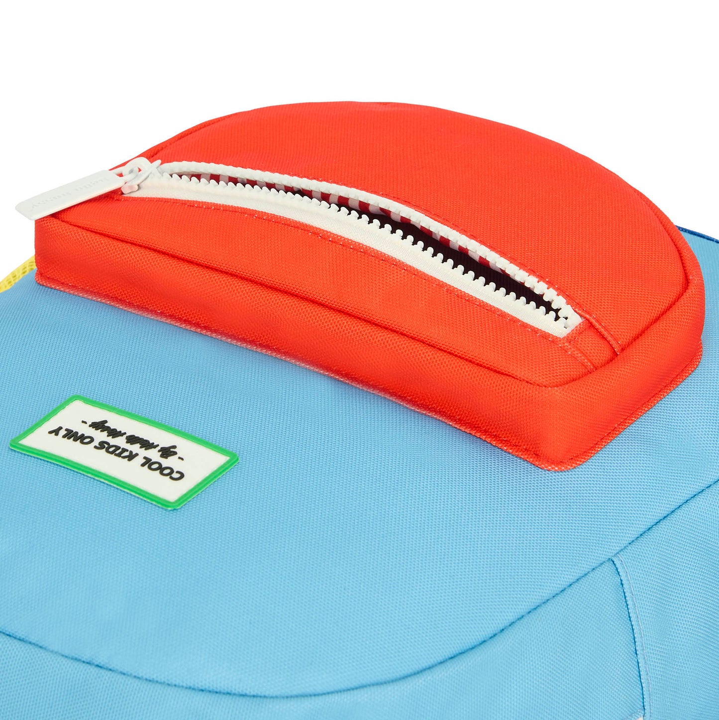 Blue kids backpack red zipped pocket Hello Hossy