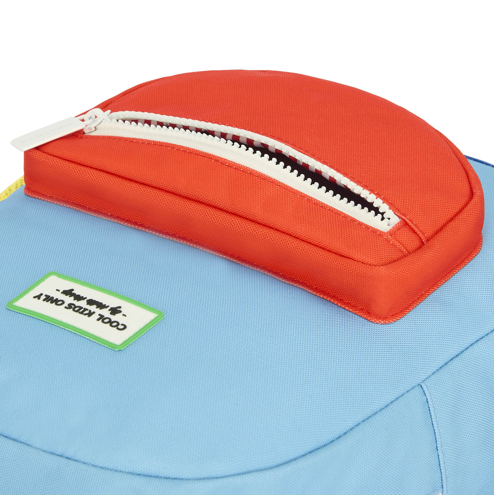 Blue kids backpack red zipped pocket Hello Hossy