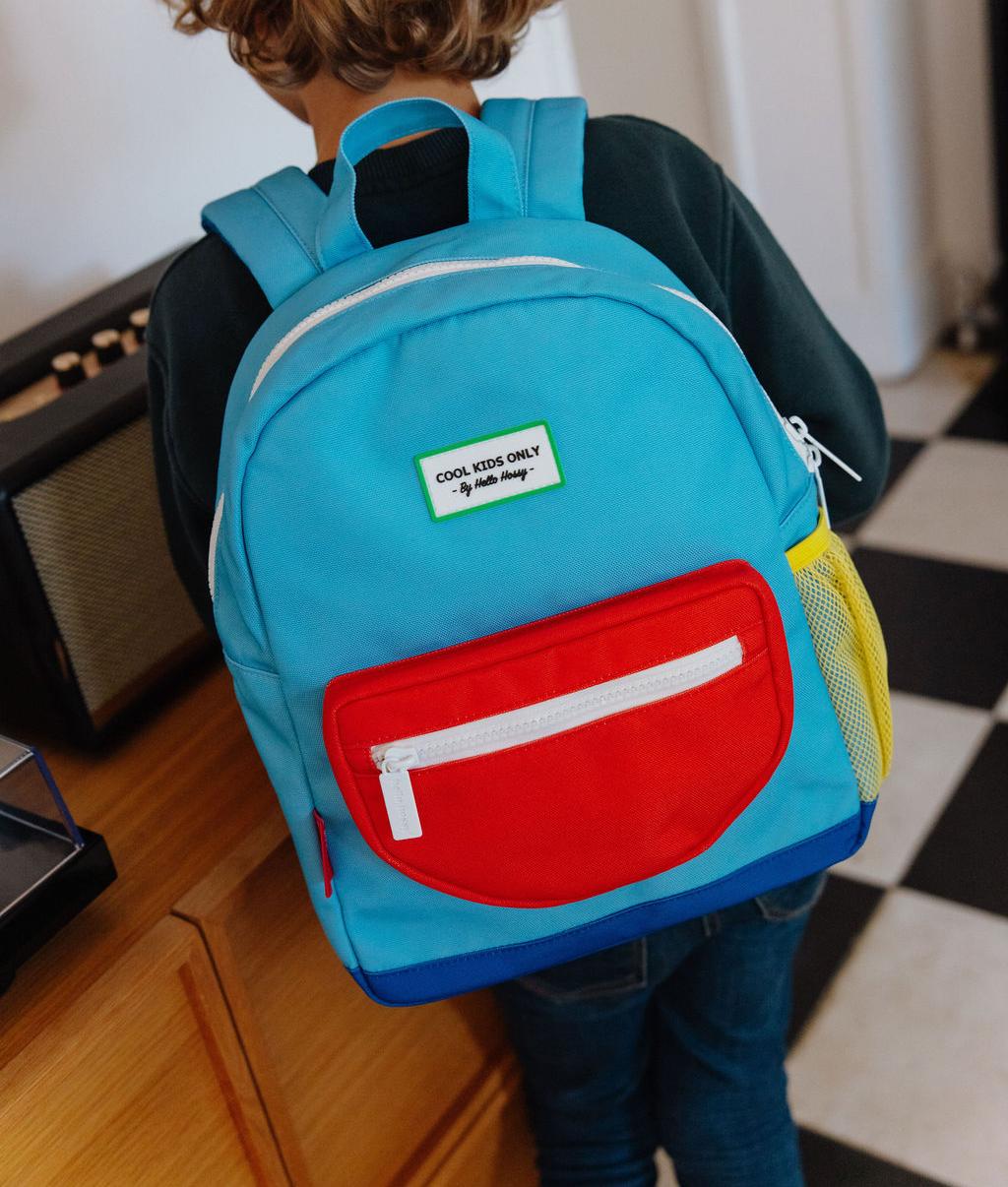 Blue kids backpack red pocket Hello Hossy