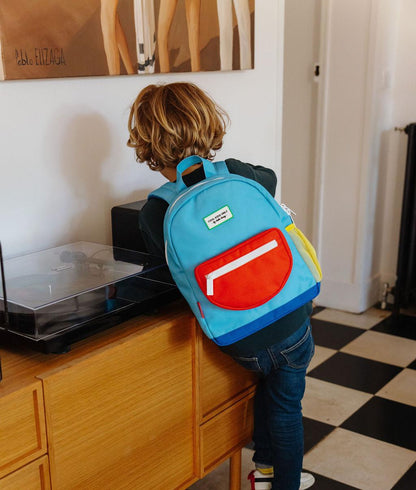 Blue kids backpack red pocket detail Hello Hossy