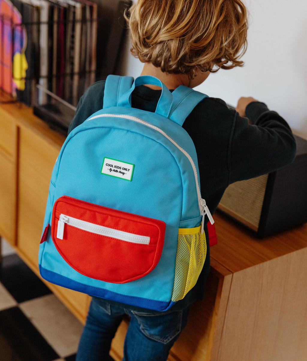 Blue kids backpack red pocket yellow mesh Hello Hossy
