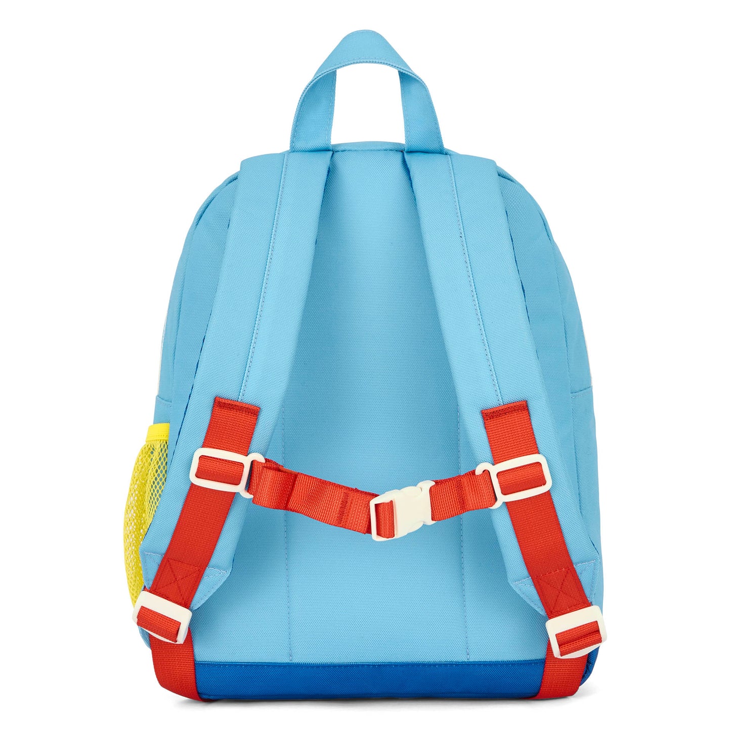 Blue kids backpack red straps yellow felt pocket Hello Hossy