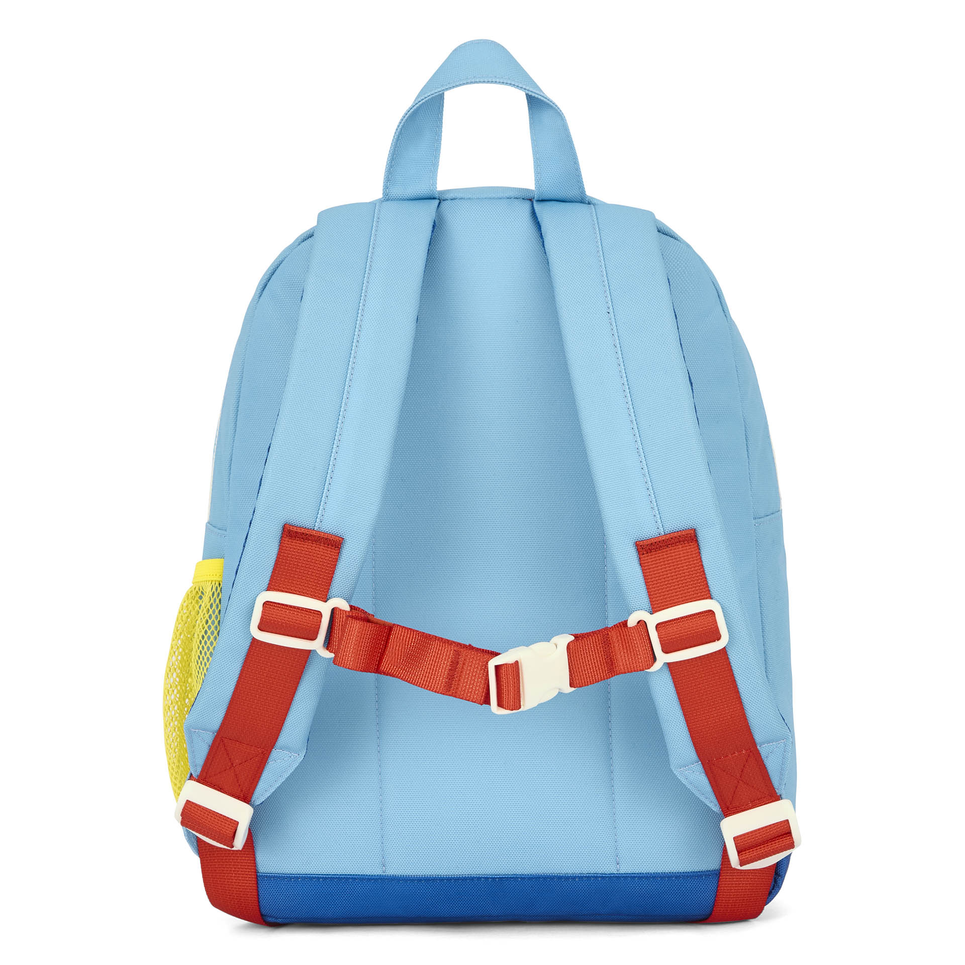Blue kids backpack red straps yellow felt pocket Hello Hossy