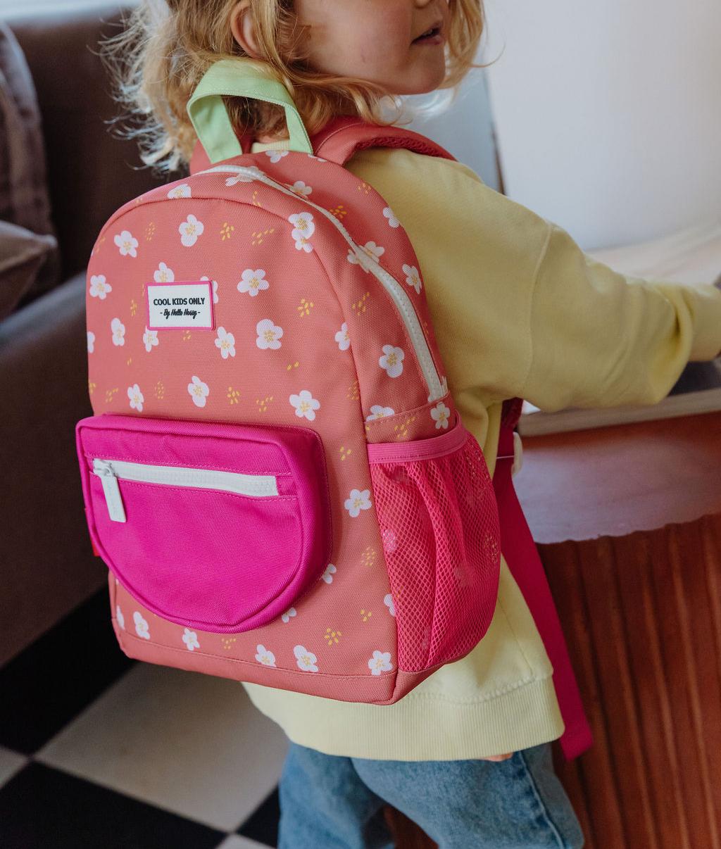 Sac à dos enfant corail imprimé fleurs poche avant fuchsia Hello Hossy