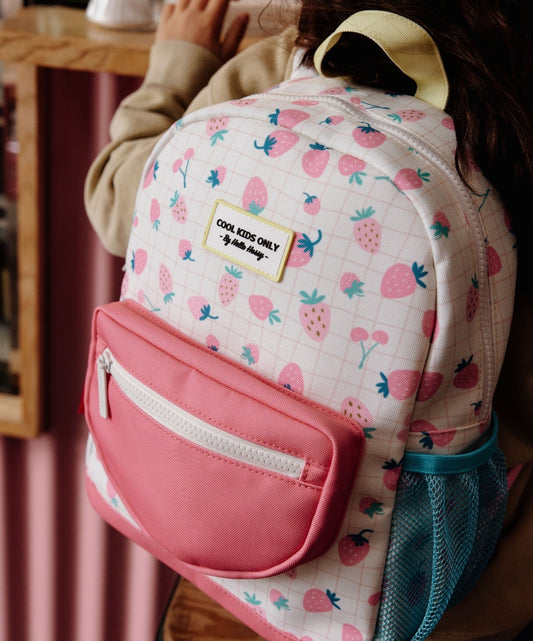 Children's white patterned Strawberries backpack pink Pocket blue Net Hello Hossy