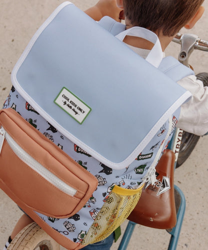 Blue sport patterned kids backpack camel net pocket yellow Hello Hossy