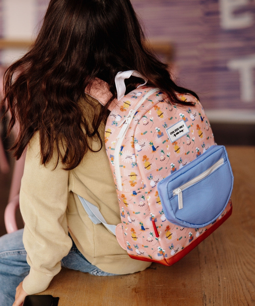 Pink kids' backpack with flowers pattern and blue front pocket Hello Hossy