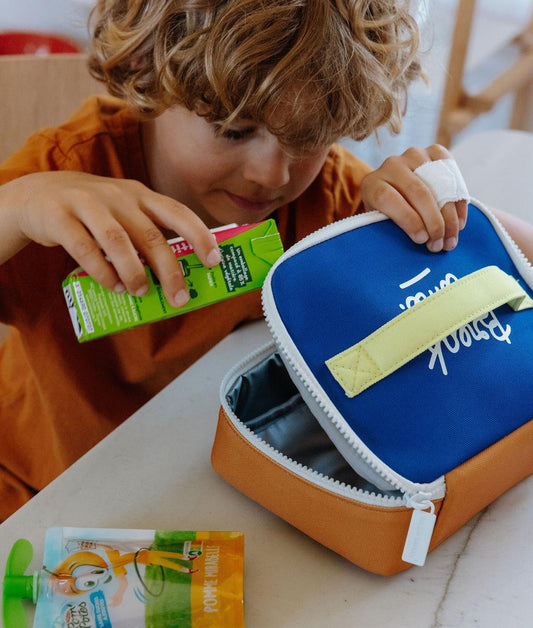 Children's snack bag blue yellow handle insulated Hello Hossy