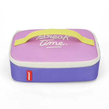 Children's snack bag purple and pink Break Time text Hello Hossy