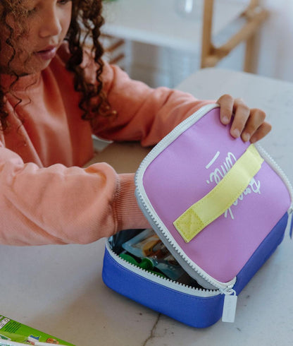 Children's snack bag purple blue yellow handle Hello Hossy