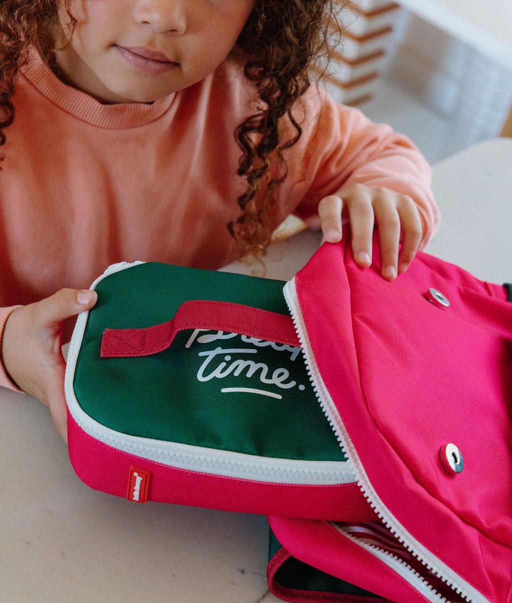 Sac goûter enfant framboise vert inscription Hello Hossy