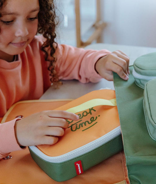 Snack Bag kids green orange Break Time text Hello Hossy