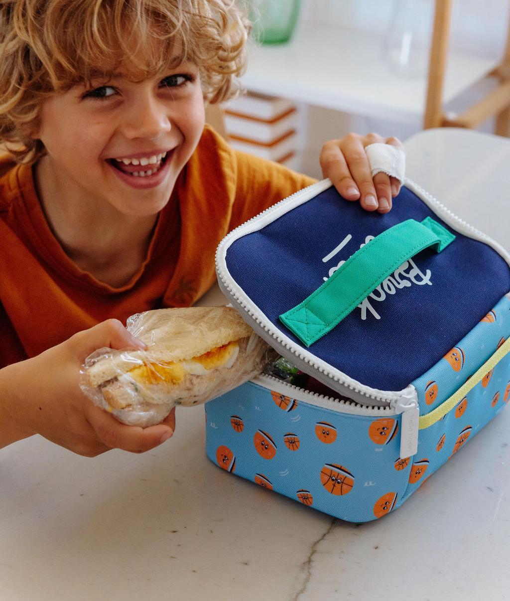 Sac repas enfant bleu motif basket poignée verte Hello Hossy
