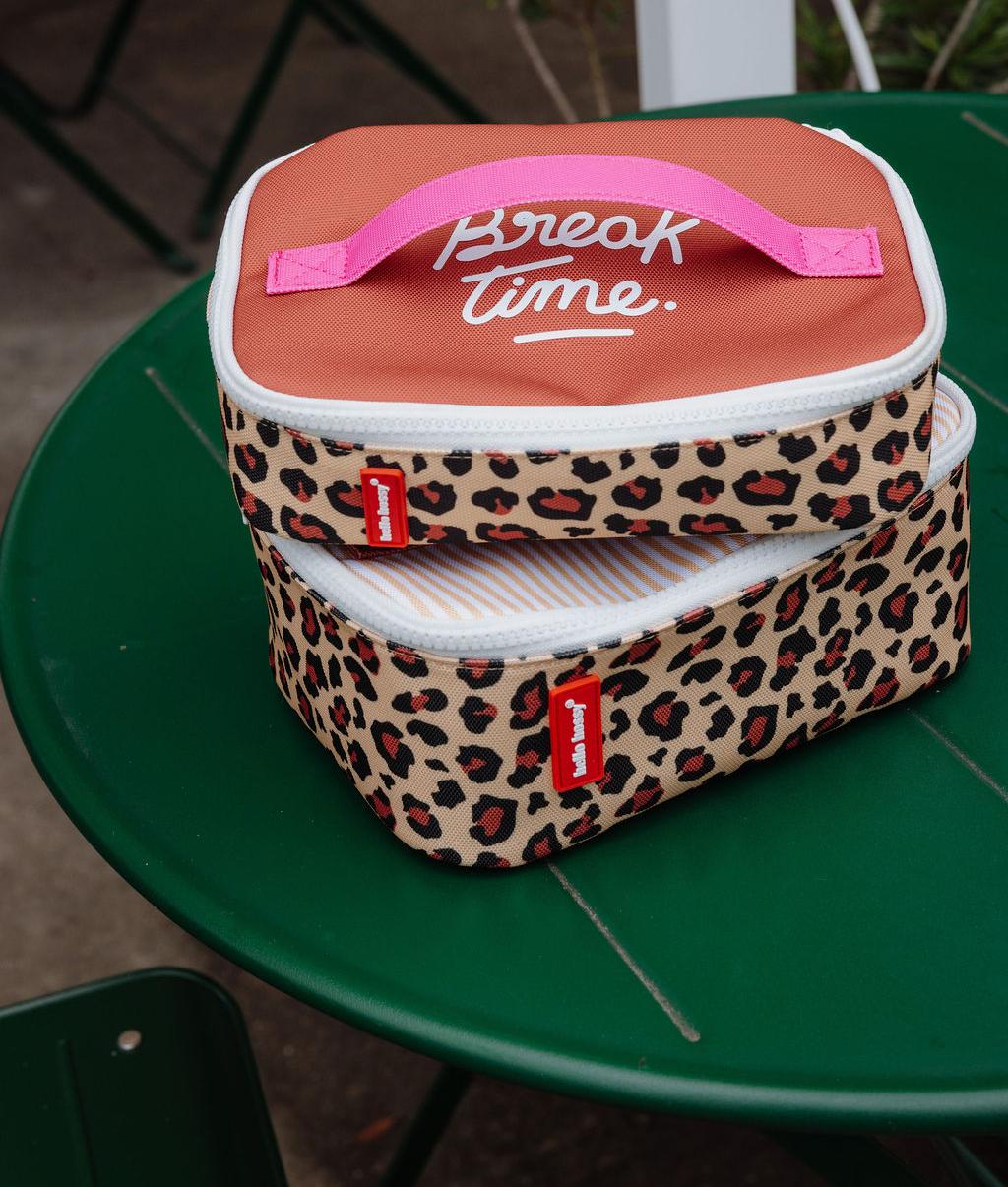 Sac repas enfant crème marron motif léopard anse rose Hello Hossy