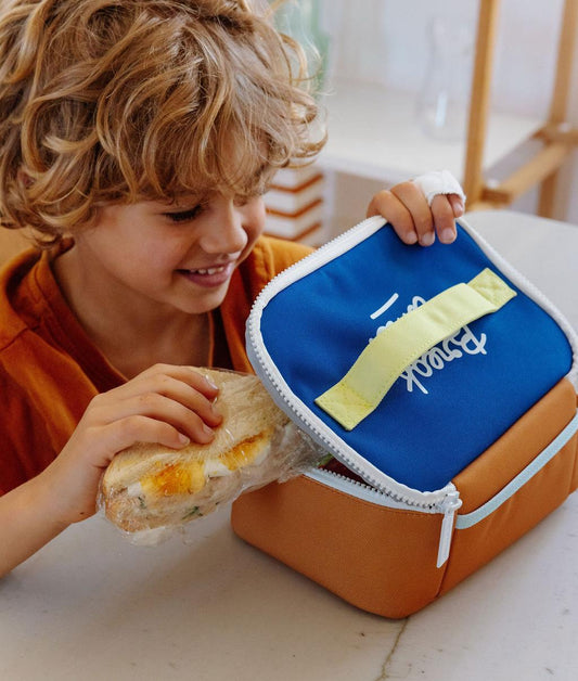 Lunch Bag child blue yellow handle cube shape Hello Hossy