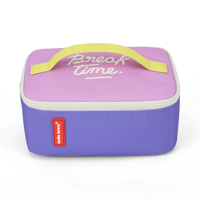 Children's lunch bag purple and pink yellow handle white text Hello Hossy
