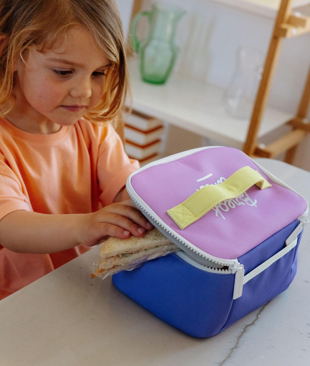 Sac repas enfant violet poignée jaune Hello Hossy