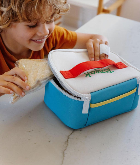 Children's lunch bag blue red handle yellow detail Hello Hossy