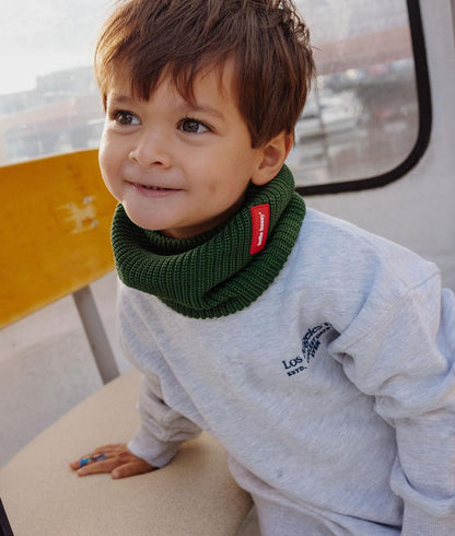 Children's green ribbed Snood with red label Hello Hossy