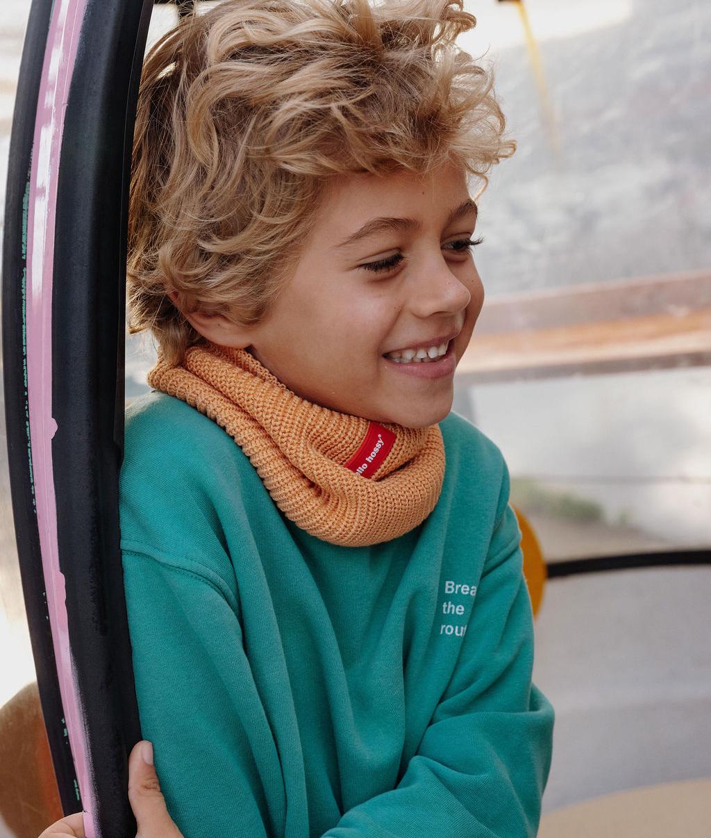 Children's Camel chunky knit Snood with red label Hello Hossy