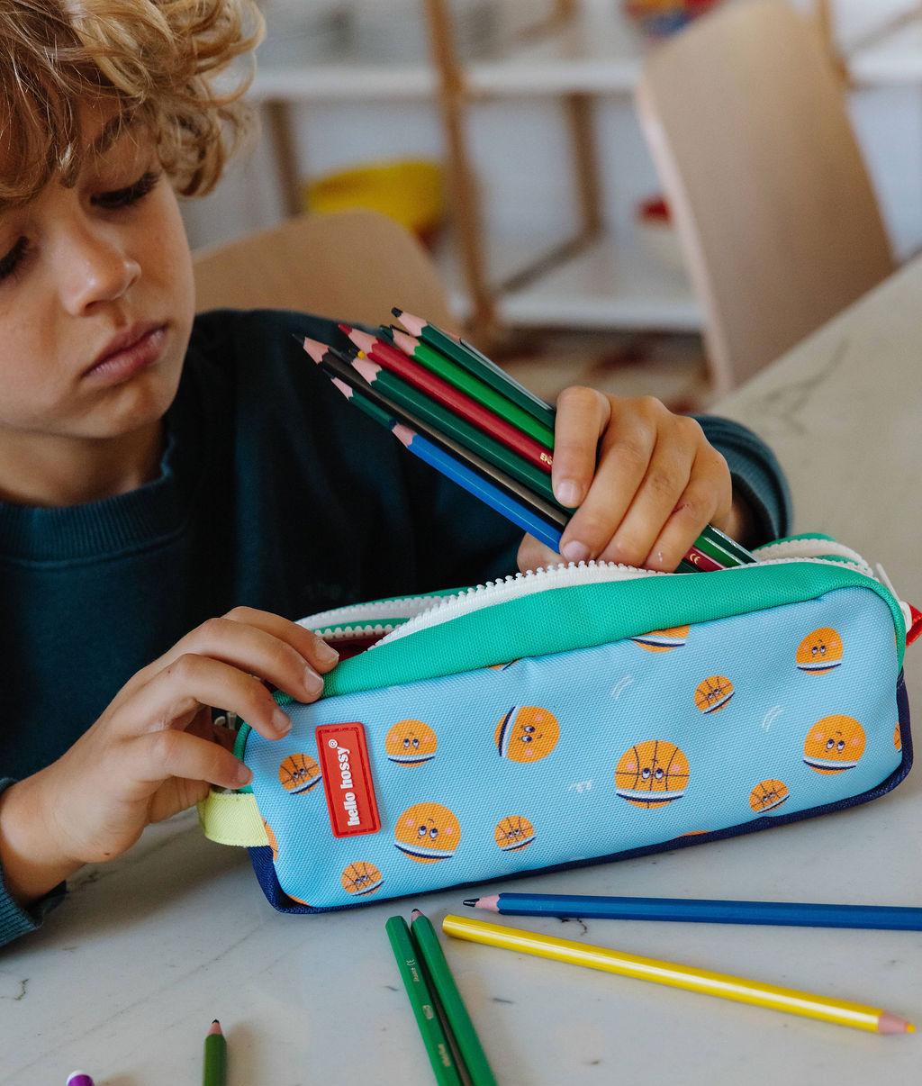 Trousse scolaire enfant bleu orange motif basket Hello Hossy
