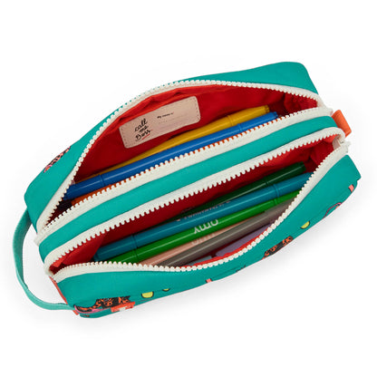Trousse scolaire enfant vert corail motif animaux double compartiment Hello Hossy