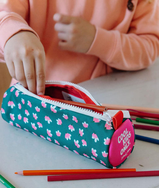 Children's green patterned pink flowers pencil case with zip Hello Hossy