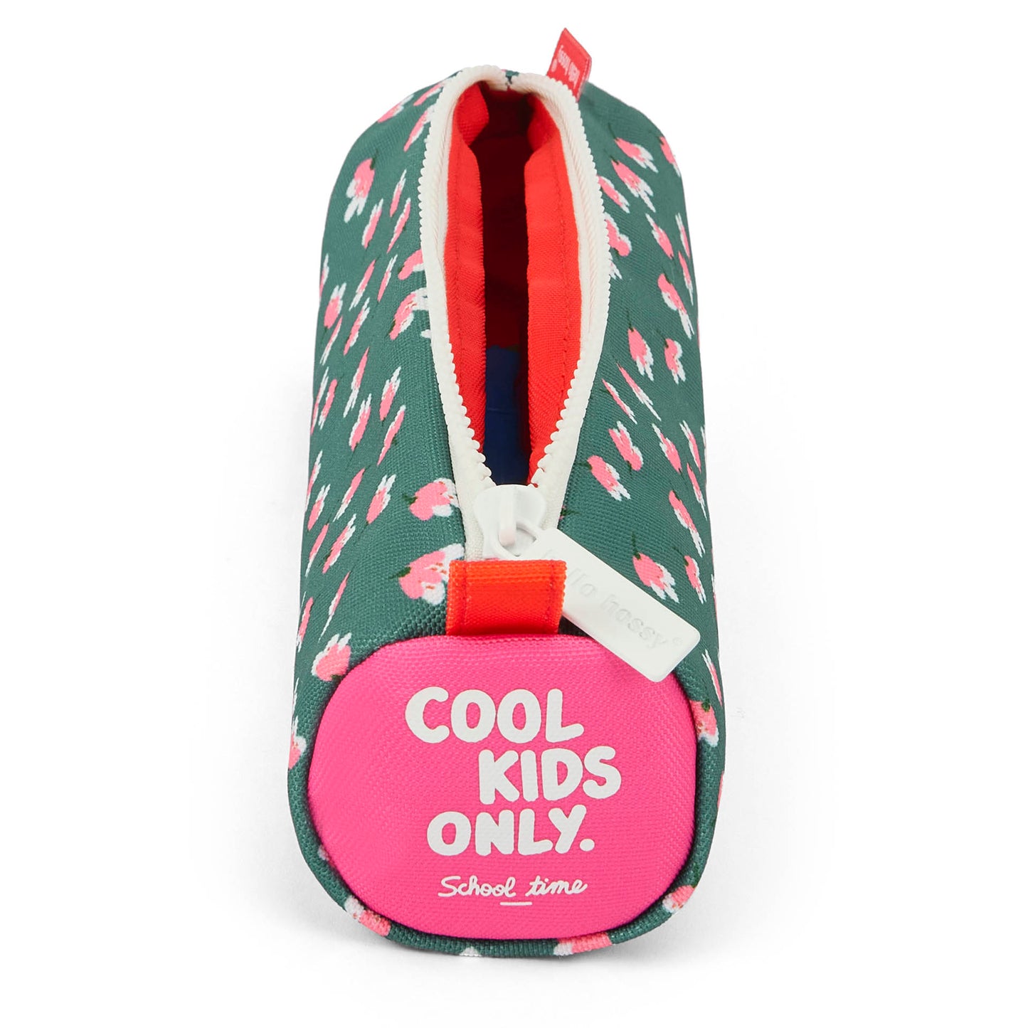 Trousse scolaire enfant vert imprimé fleurs rose ouverture zippée Hello Hossy