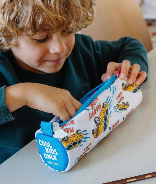White and orange car-pattern kids pencil case blue zip Hello Hossy