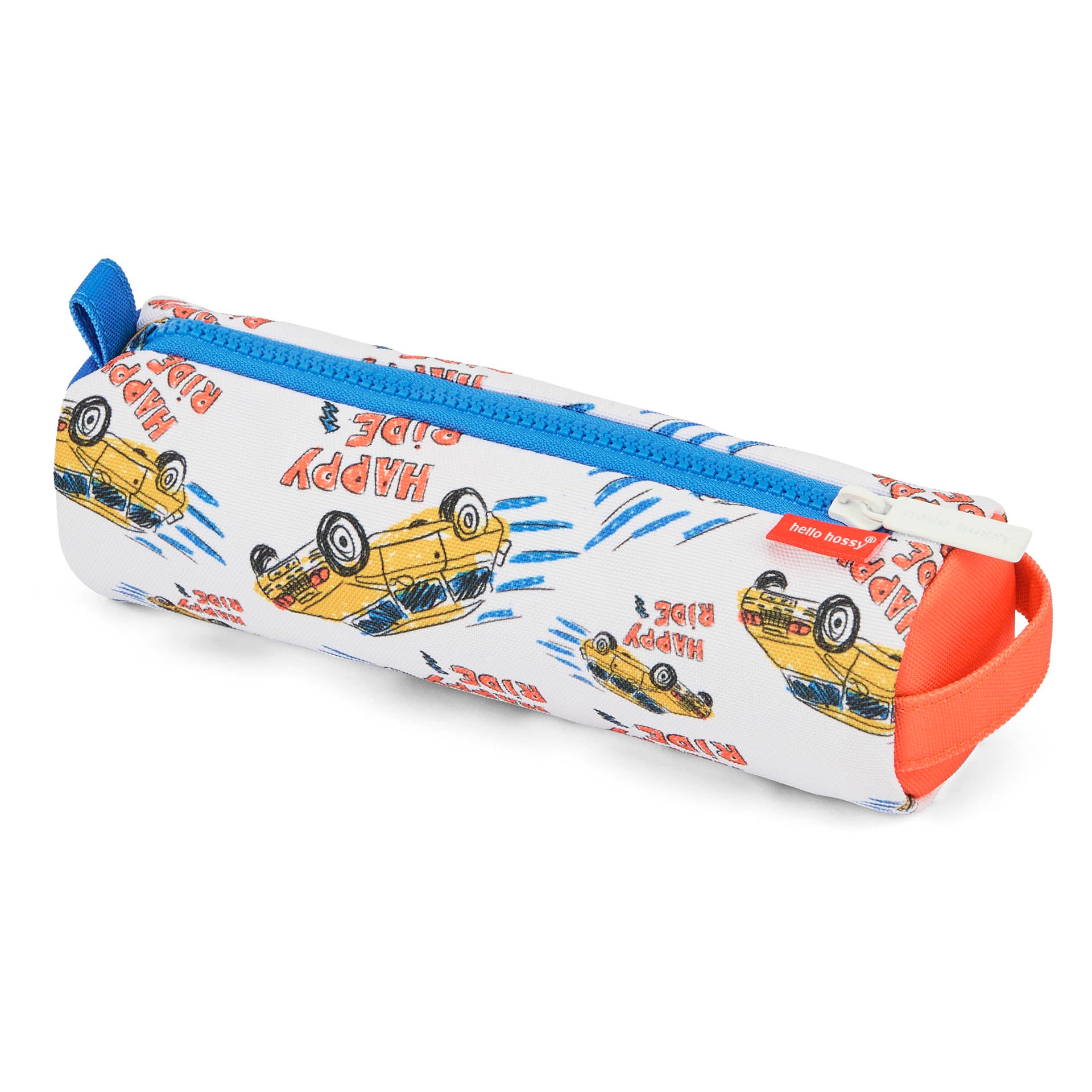 Trousse scolaire enfant blanche motif voitures fermeture bleue Hello Hossy