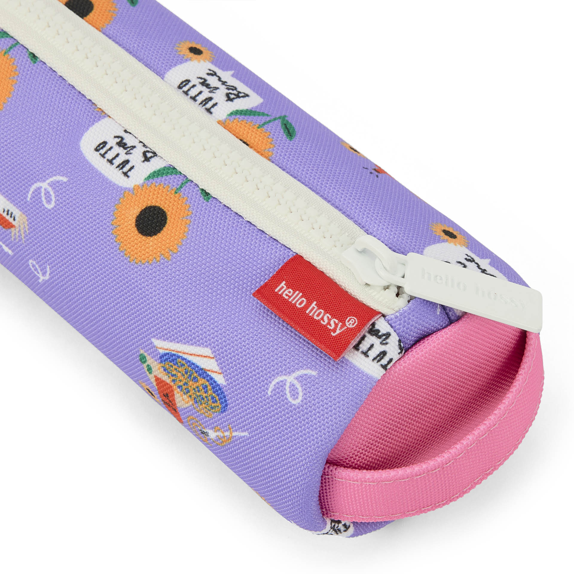 Trousse scolaire enfant violet motif fleurs détails rose Hello Hossy