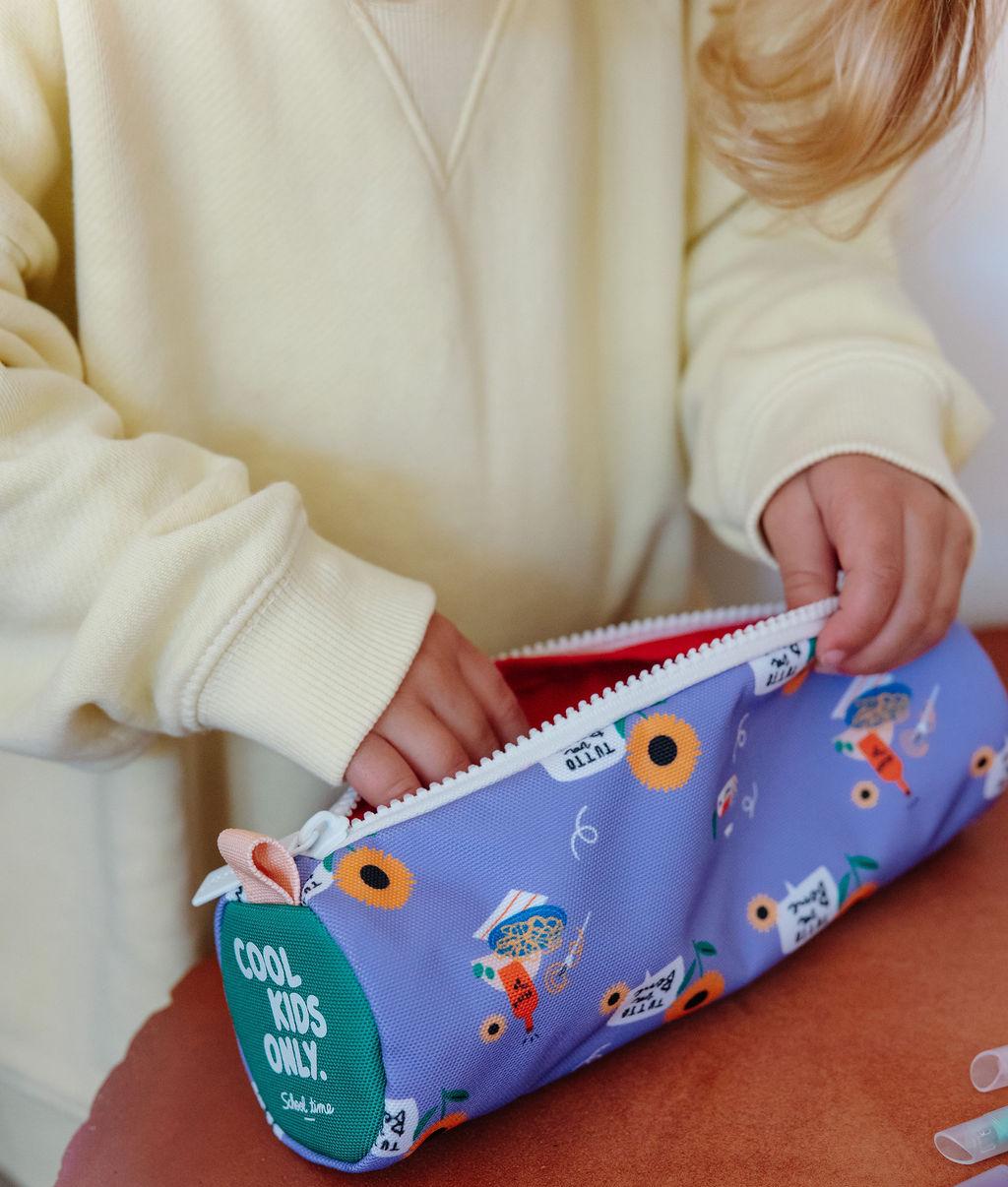 Trousse scolaire enfant violet motif fleurs poche zippée Hello Hossy