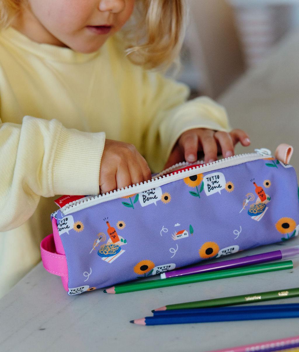 Trousse scolaire enfant violet motif fleurs orange Hello Hossy