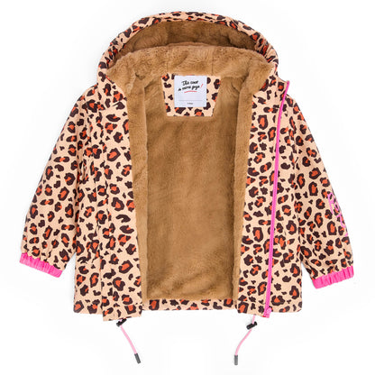 Children's winter jacket leopard pattern brown faux fur interior hood Hello Hossy
