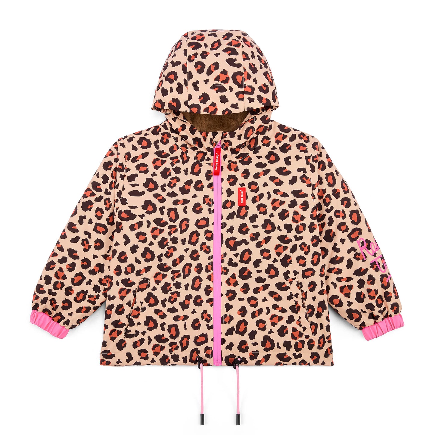 Children's winter jacket brown leopard patterned pockets hood Hello Hossy